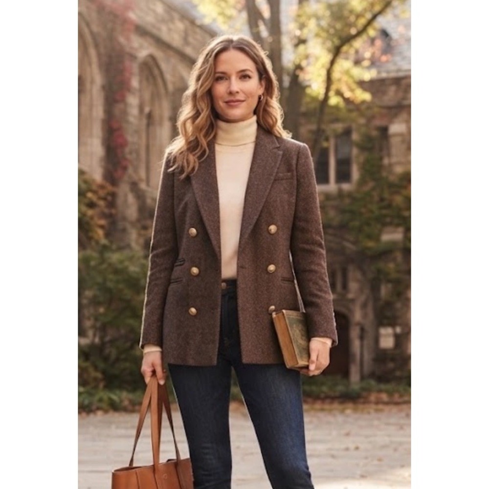 J.Crew Bristol Blazer Brown Herringbone Jacket Gold Buttons Moon Cloth Womens 00
